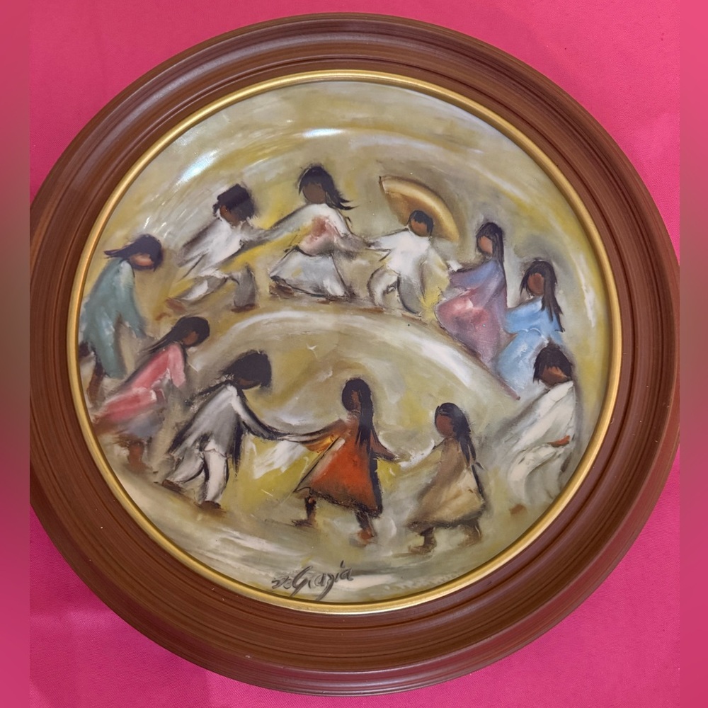 2 De Grazia Framed Art Plates Los Ninos Children of the World & Beautiful Burden